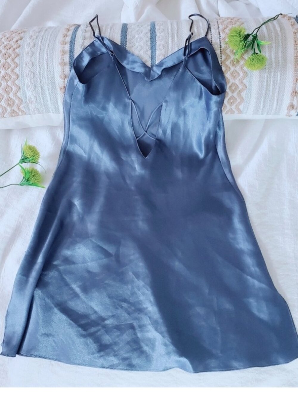 LA SENZA Steel Blue Satin Slip Dress with V String Low Back Detailing